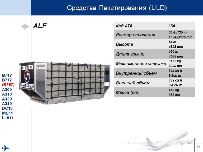 22 B747 B777 (B767) A300 A310 A330 A340 DC10 MD11 L1011 ALF